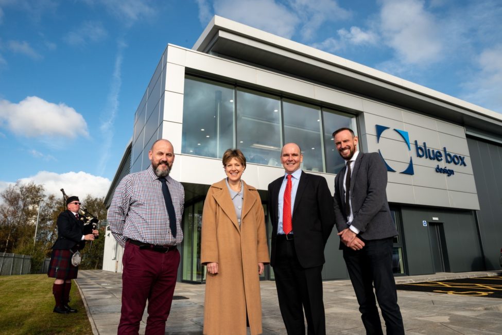 Blue Box Design opening Lto R Blue Box MD Gordon Duncan Scottish Whisky Association CEO Karen Betts Donald and Michael Mc Laren Directors of Mc Laren Packaging